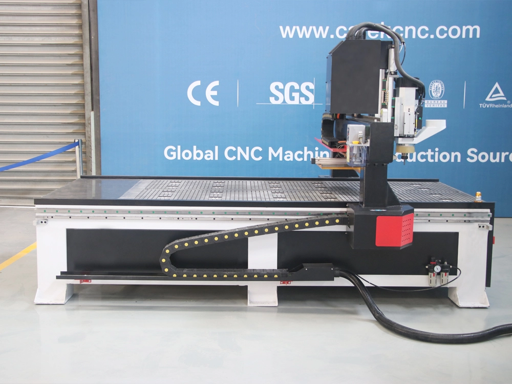 Side view of CNC router with linear automatic tool changer, oscillating tool, CCD camera