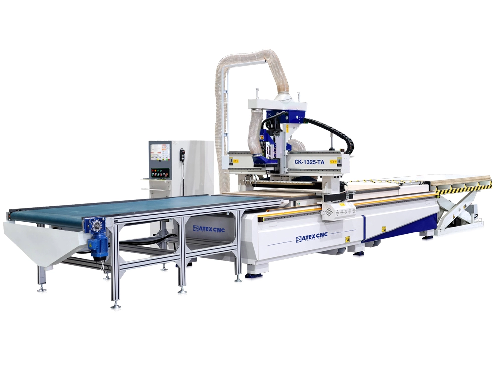 4*8 CNC router with automatic loading and unloading platform and linear automatic tool changer