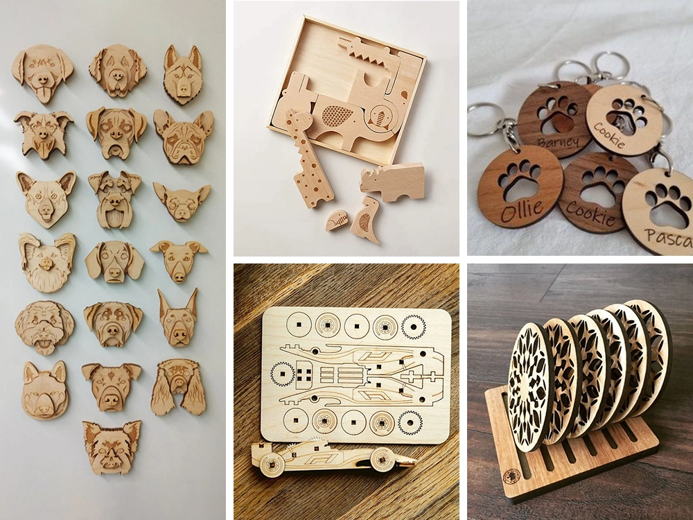 CO2 laser cutter can make wood magnets, wood puzzles, wood coasters, wood pet tag and keyring set