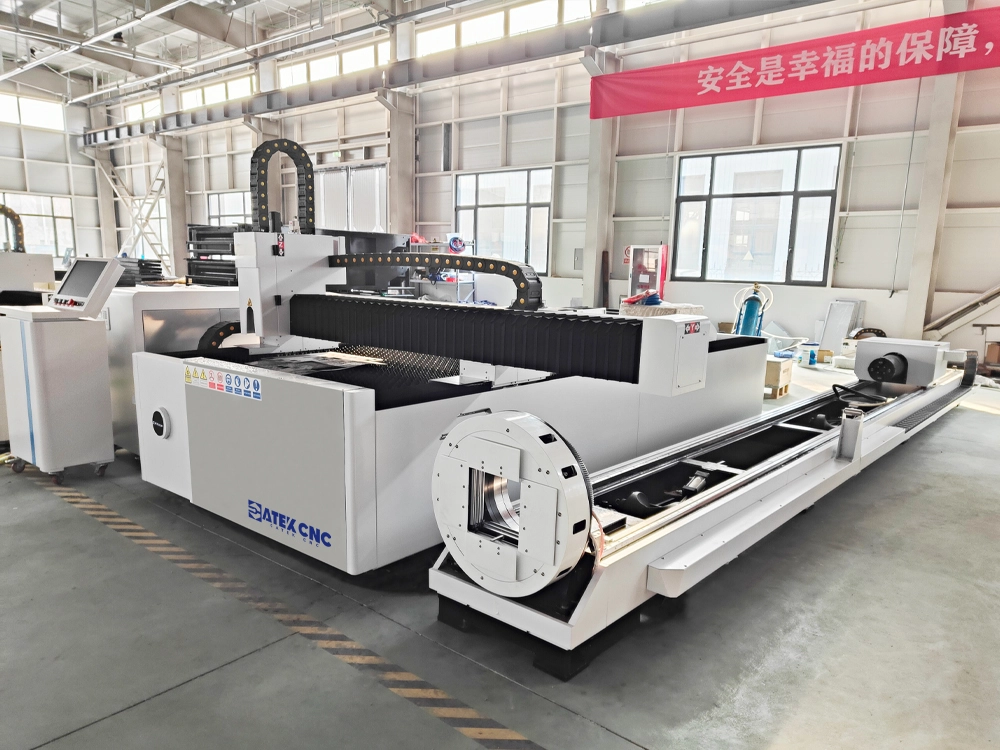 Front left view of CNC fiber laser cutting machine for metal sheet and tube (The pipe cutting device is placed on the left side)