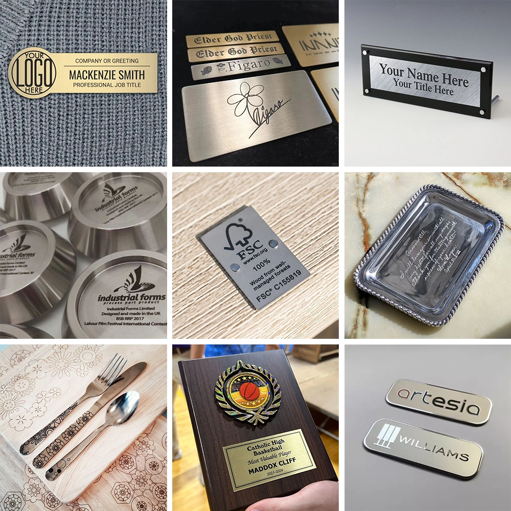 Cabinet-type fiber laser marking machines can mark various products made of brass, stainless steel, titanium alloy, and aluminum alloy, such as signs, cup bottoms, plates, utensils, badges, etc.