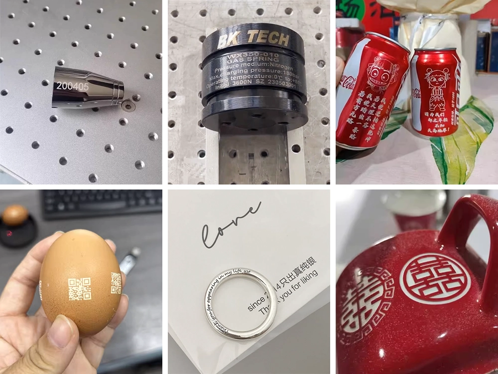 Examples of fiber laser marking machine with rotary axis marking pen-shaped metal parts, bearings, cola cans, eggs, rings, and water cups