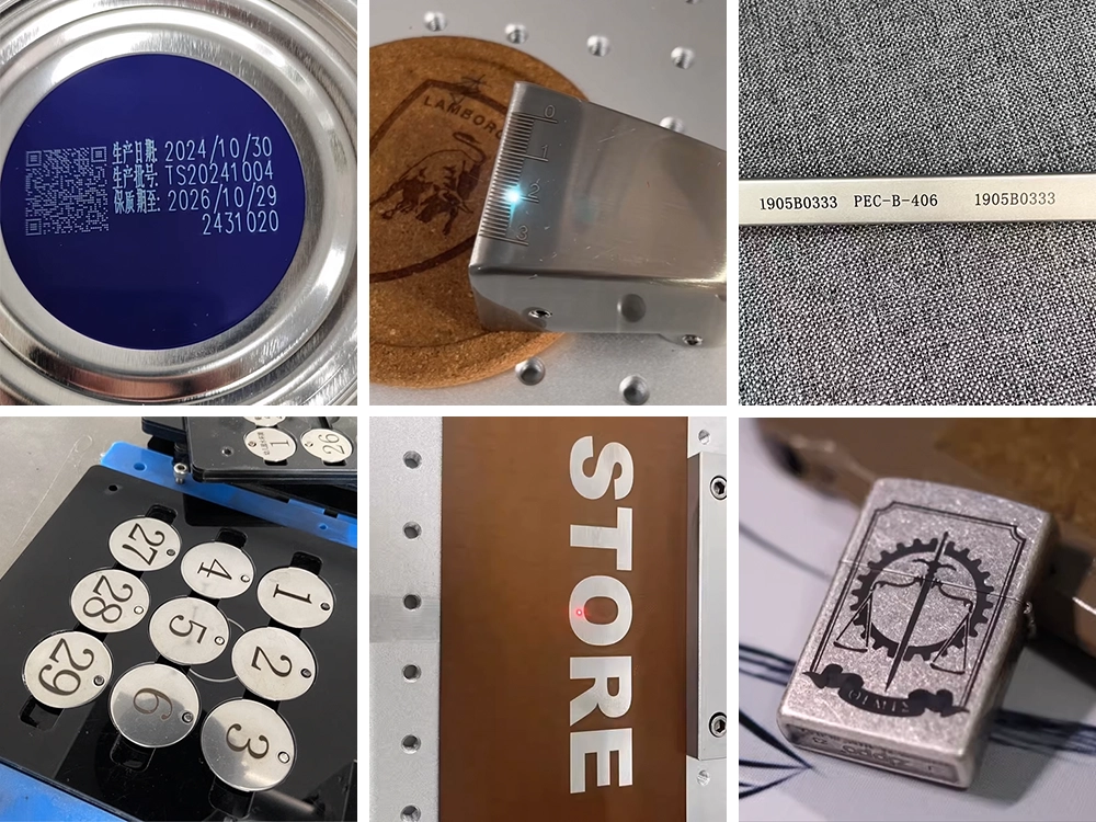 Examples of the fiber laser marking machine with rotary axis applying production batch numbers, scales, numbers, text, and patterns on items such as milk powder cans, metal parts, elevator buttons, signage, and lighters