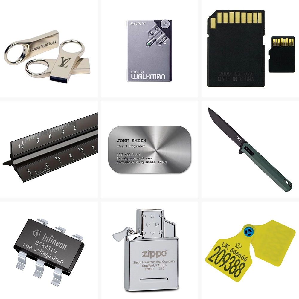 The enclosed fiber laser marking machine can mark USB flash drives, MP3 players, SD cards, rulers, nameplates, knives, electronic components, lighters, animal ear tags, and other items made of metal or opaque plastic.