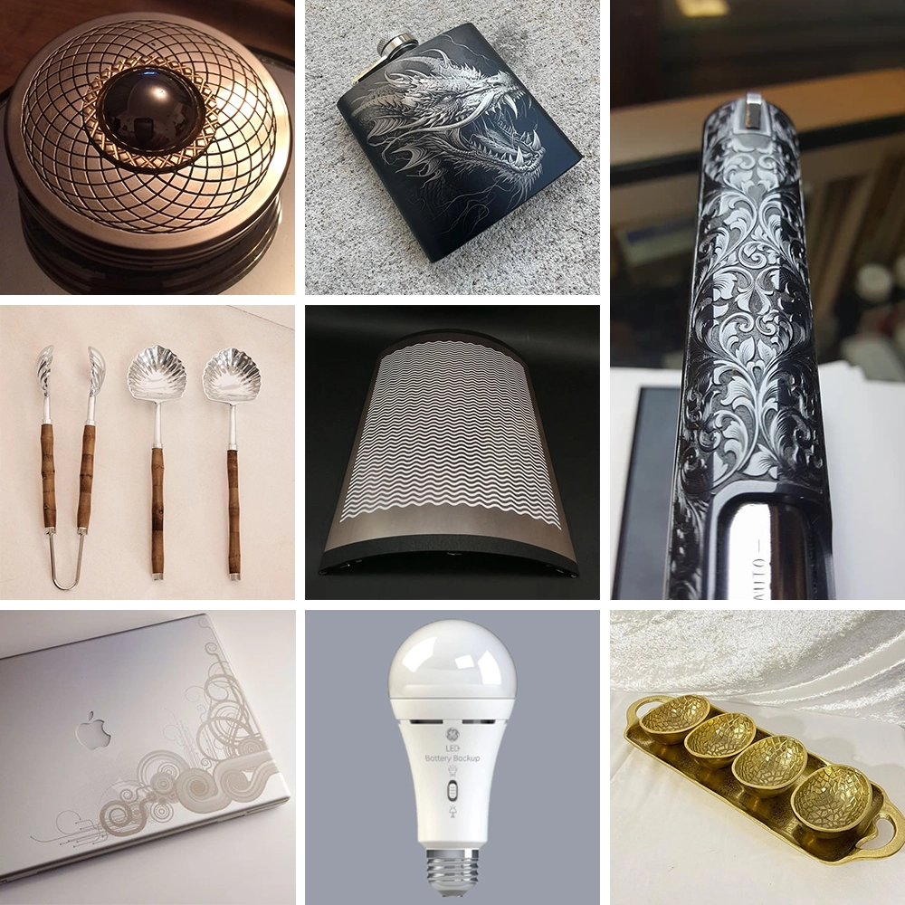 A fiber laser marking machine equipped with a 3D dynamic focusing system can perform large-format marking or deep engraving on products with uneven surfaces, such as tableware, curved decorative panels, laptops, lamp bases, firearms, and more