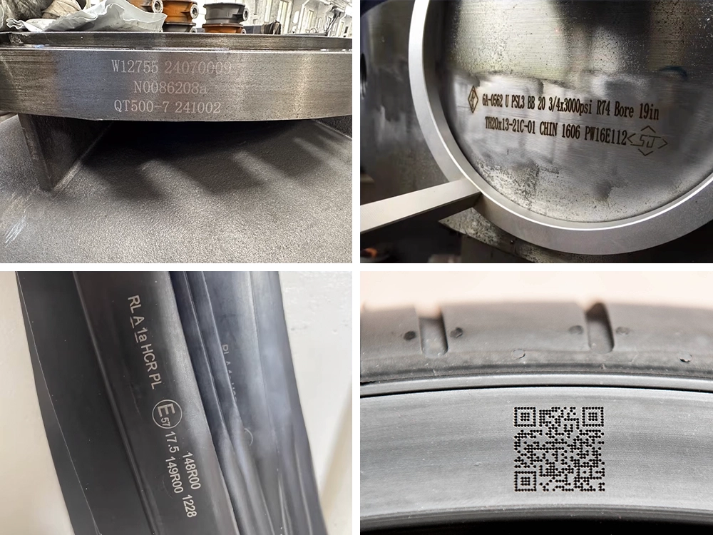 Examples of using a split handheld fiber laser marker to mark various types of workpieces that are difficult to move, such as large metal die-cast parts, tires, etc.