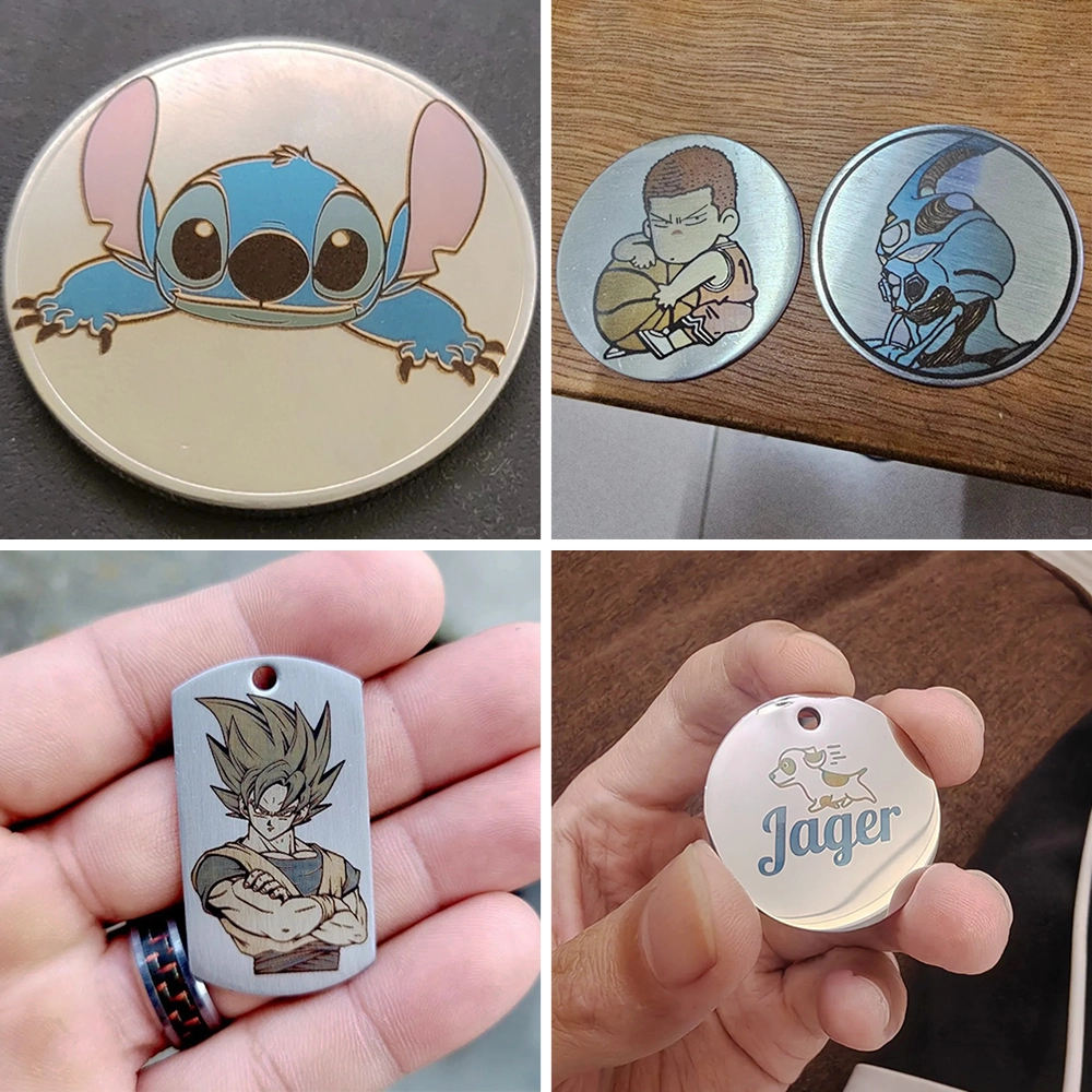 The MOPA fiber laser color marking machine marks color patterns on metal signs