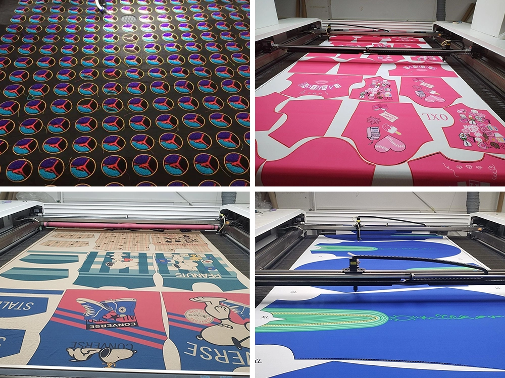 Examples of CO2 laser fabric cutter cut printed fabrics in the clothing industry