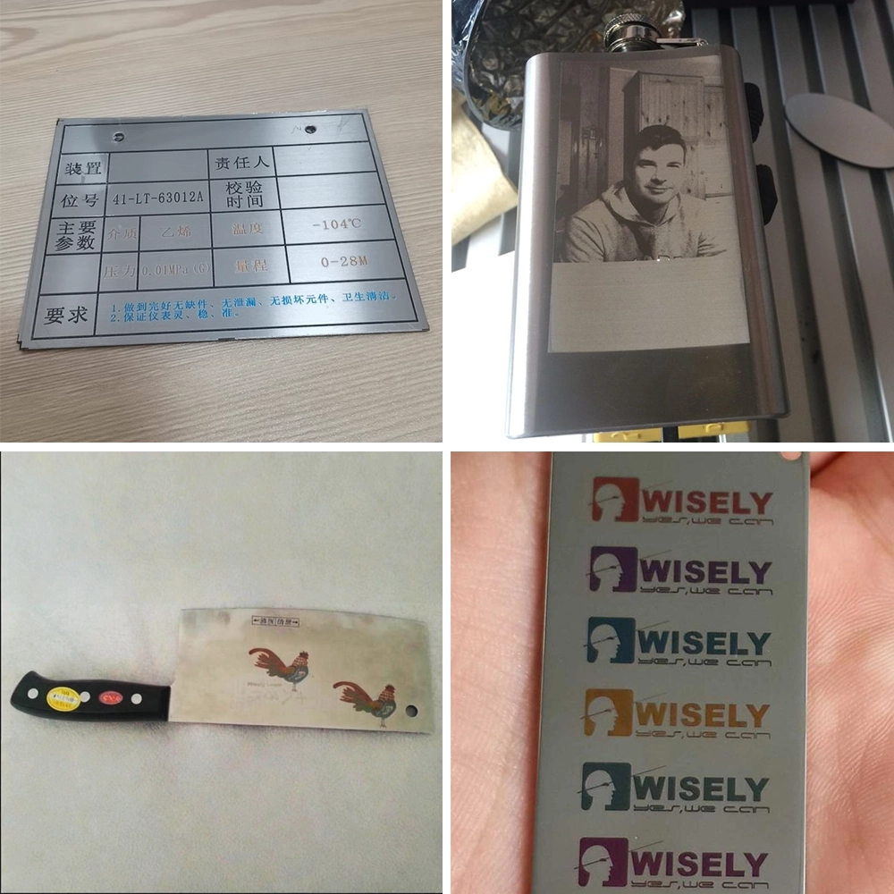 Examples of the MOPA fiber laser color marking machine creating color marks on stainless steel and aluminum or black-and-white photos with distinct light and dark areas