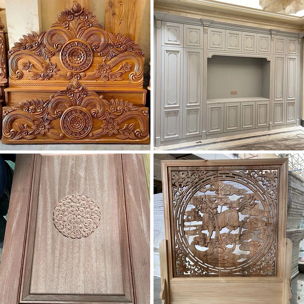 Examples of ATC CNC Router processing headboards, cabinets, door panels, and screens