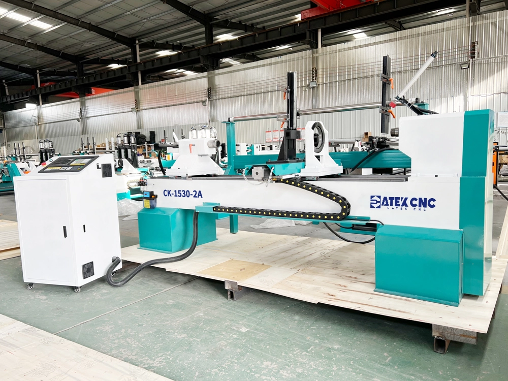 Front left view of double-tool CNC wood lathe with automatic feeding device