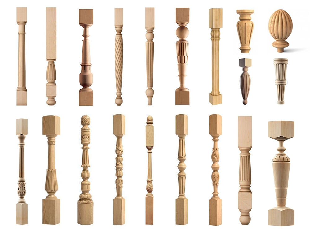 Examples of the turning and carving combo CNC wood lathe machining stair columns and stair ball caps.
