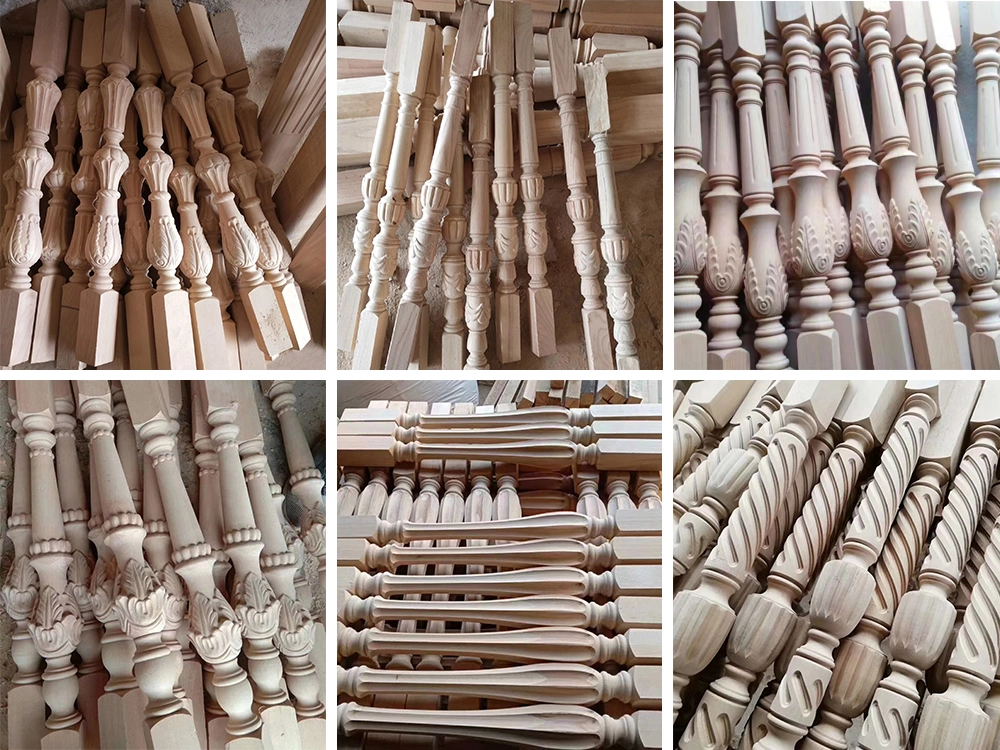 Examples of the turning and carving combo CNC wood lathe machining stair columns