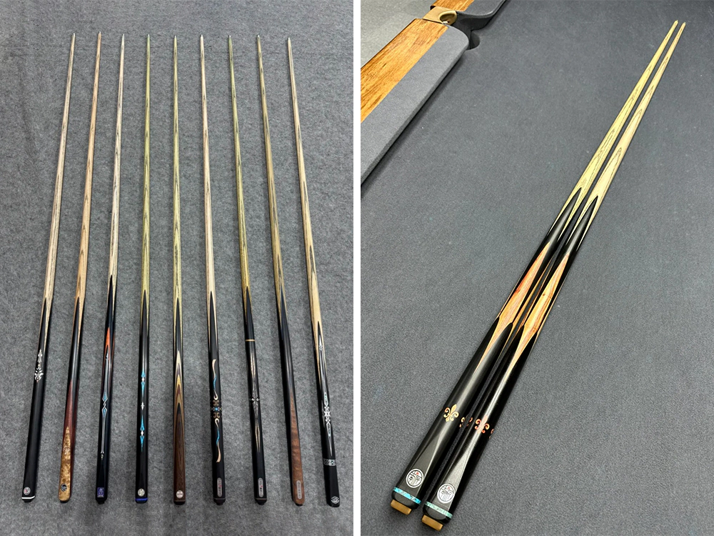 Example of 2-station pool cue machine processing of pool cues