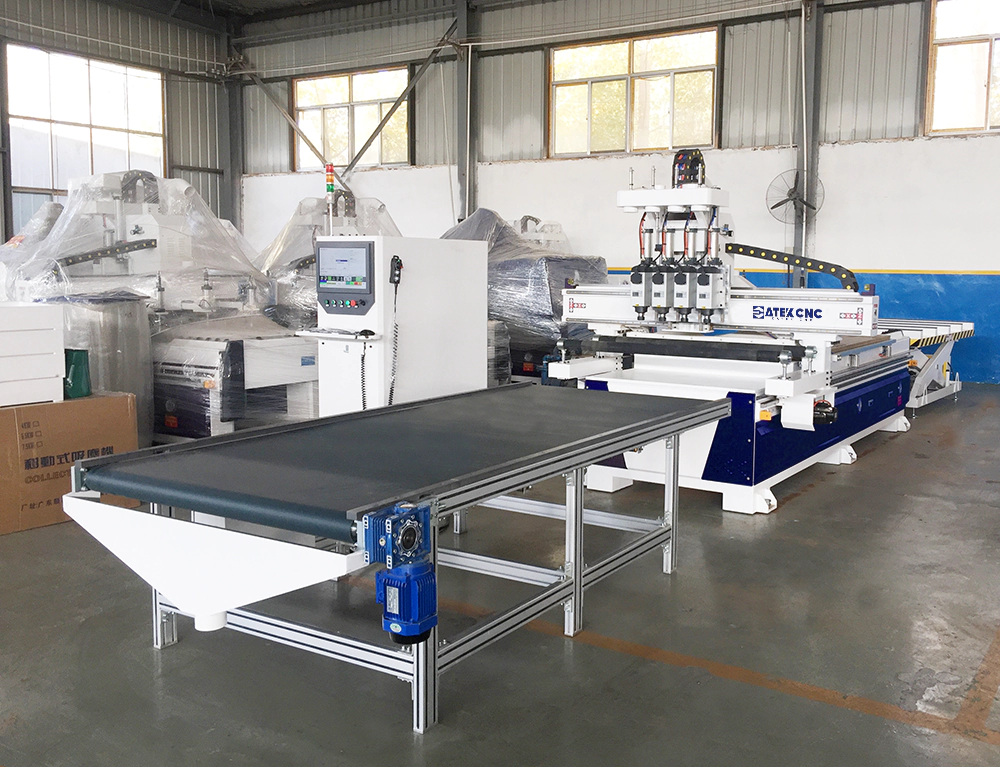 Front left view of 4*8 CNC router with four switching function and automatic loading & unloading platform