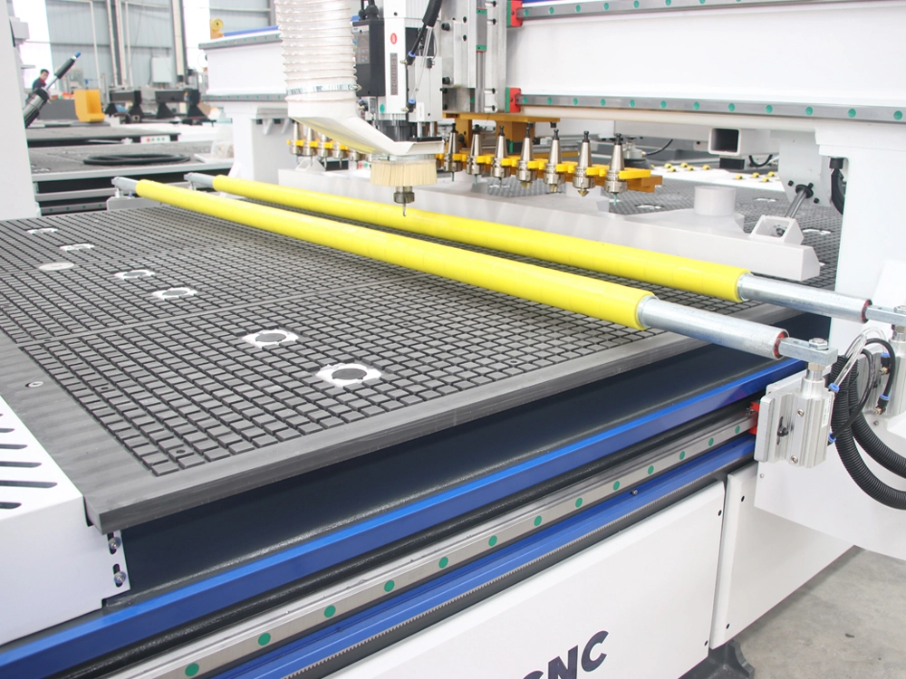 Double rod pneumatic pressure roller for 7x10ft ATC CNC router with automatic loading and unloading