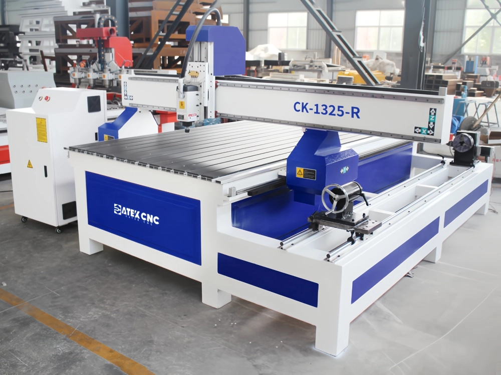 Front left view of 4x8 CNC router with rotary fourth axis