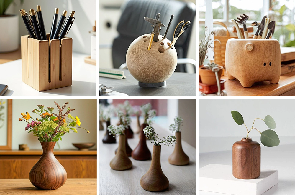 CNC router with rotary fourth axis can process various wooden pen holder and wooden vase