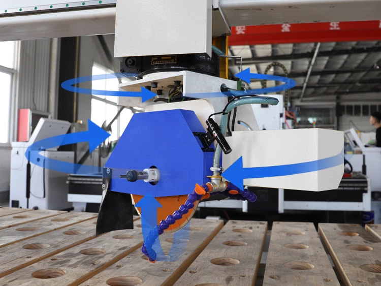 The 5-axis cutting head with saw blade and milling tools