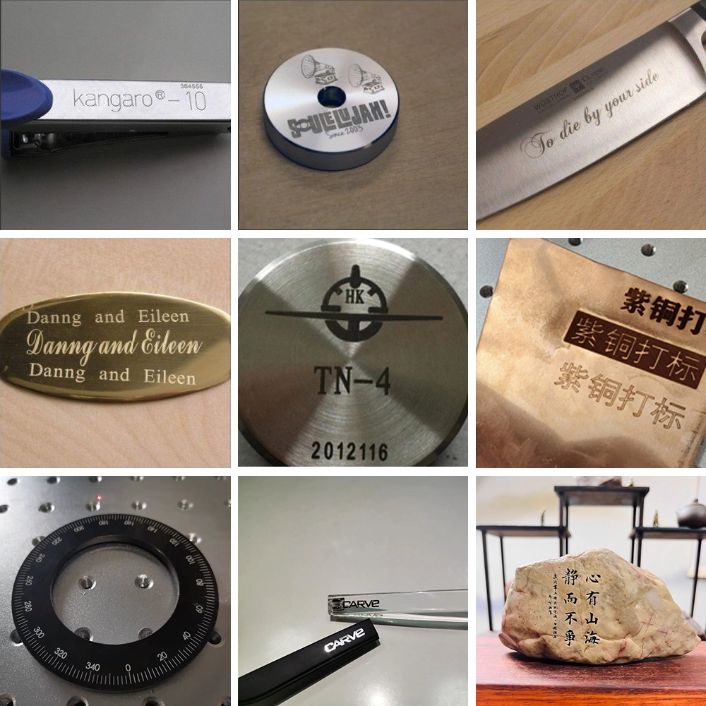 Fiber laser marking machine can mark metal knives and scissors, metal signs, metal parts, plastic glasses legs, stones, etc.