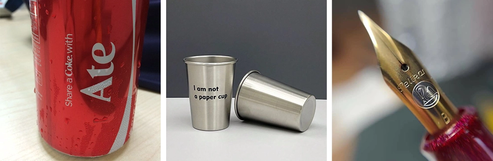 This fiber laser marking machine can marks text and patterns on the surface of cola cans, cups, and pens