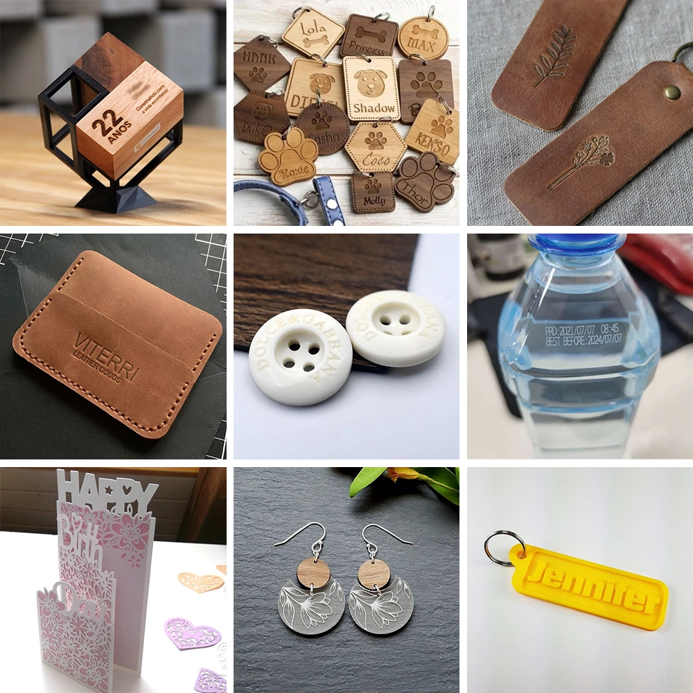 CO2 laser marking machine can mark, engrave and cut bamboo, wood, leather, plastic, paper, acrylic, etc.