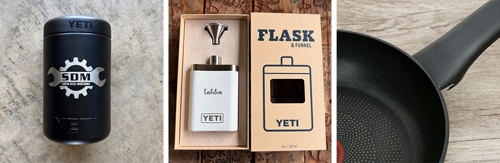 The RF CO2 laser marking machine can mark or etch various metal coatings, such as thermos cups, electronic products, non-stick pans