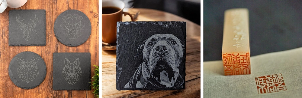 The RF CO2 laser marking machine can be engrave or mark on stone coasters and jade seals