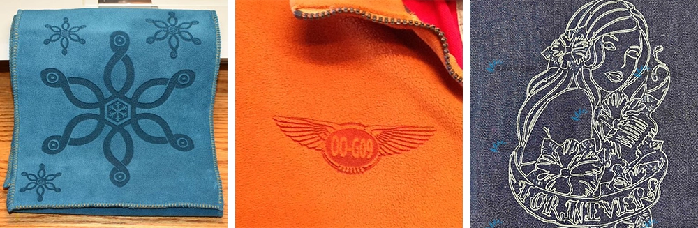 The RF CO2 laser marking machine can mark and burn out various natural textile fabrics, chemical fiber fabrics and denim fabrics