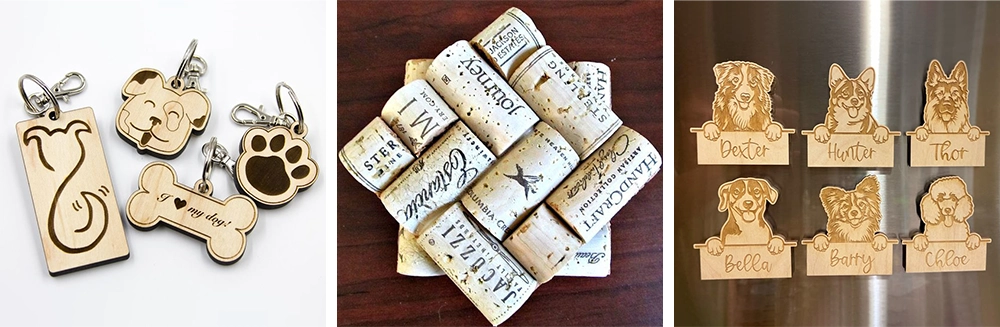 The RF CO2 laser marking machine can mark on wooden dog tags and wine bottle corks