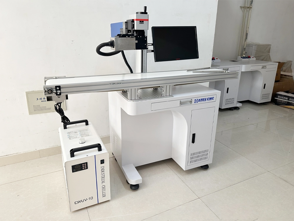 Front right view of UV laser marking machine with vision and conveyor