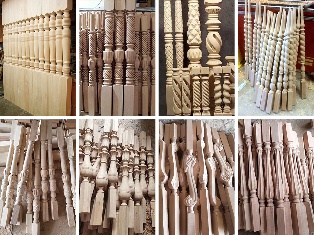 Example of a 7-in-1 multifunctional CNC wood lathe machining stair columns with complex shapes, grooves, and patterns