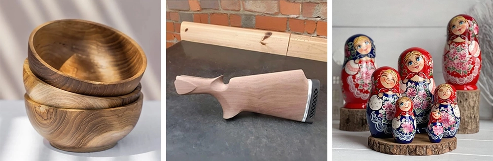 The ATC CNC wood lathe can process wooden bowls, Matryoshka dolls, wooden buttstocks etc.