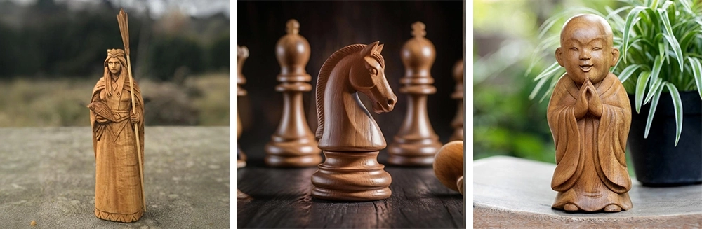 The ATC CNC wood lathe can process various wooden sculptures, chess sets, wooden Buddha statues, etc.