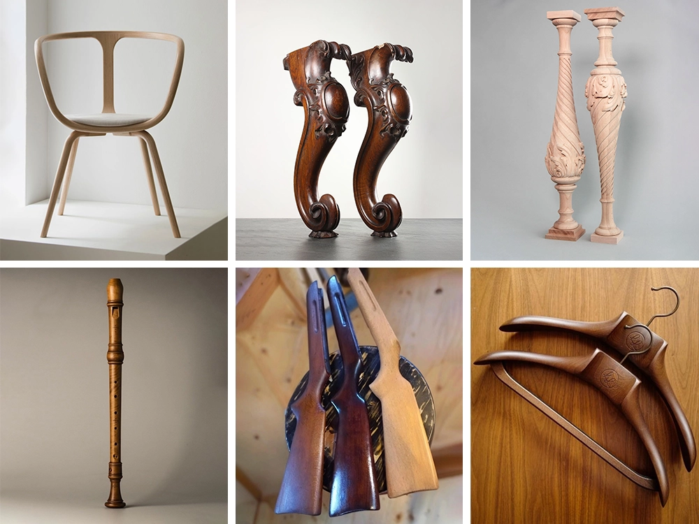 The 7-in-1 5-axis CNC wood lathe can process various chair legs, chair arms, chair backs, wooden columns, flutes, gun stocks, hangers, and more