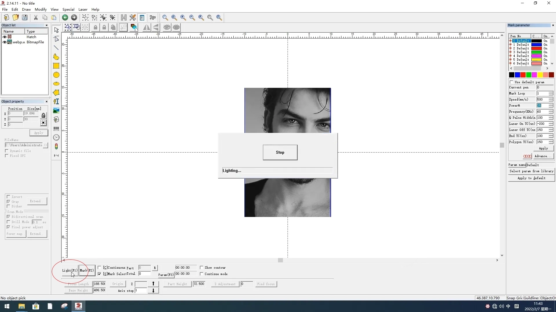 Click the "Light" button on EZcad2
