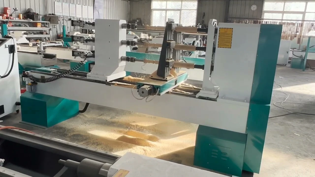 3-Station CNC Woodworking Lathe with Turning and Engraving