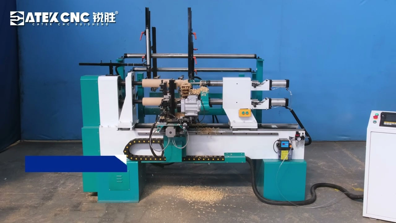 Small 2-Station CNC Wood Lathe with Automatic Feeding and Sanding Device